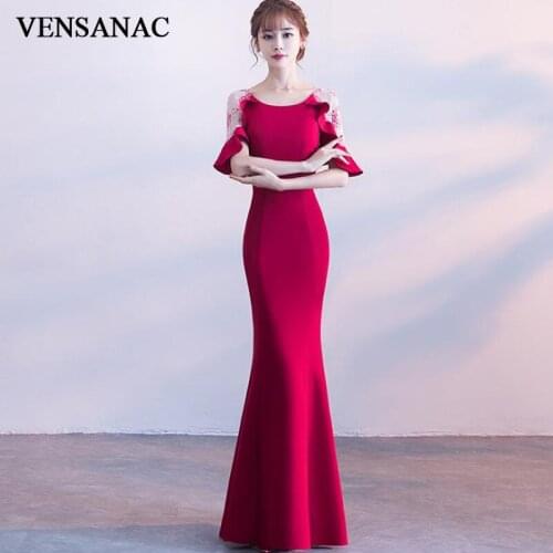 VENSANAC O Neck Lace Appliques Mermaid Long Evening Dresses Party Ruffles Half Sleeve Prom Gowns
