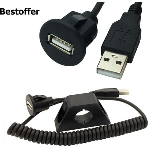 1.5m 5ft Flush Mount USB 2.0 A Male to Female Car Boat Extension Spiral Coiled Cable + Panel