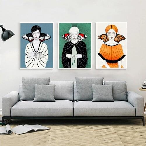 Abstract butterfly headdress girl canvas print poster and nordic home decoration cardros bohemian wall art painting