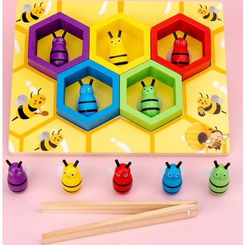Wooden Beehives Match Game Toys Color Learning Sorting Puzzle Preschool Baby Bee Montessori Educational Wood Toys for Children