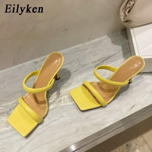 Eilyken 2021 Summer New Design Women Fashion Slippers Square Toe Slip On Slides Thin High Heels Sexy Ladies Sandals Shoes