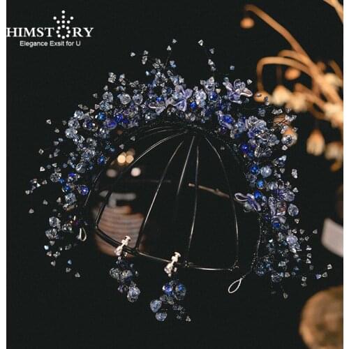HIMSTORY Rhinestone Custom Made Blue Flowers Tiara Handmade Fashion Hairband Royal Bridal Wedding Dressing Crown Accessory