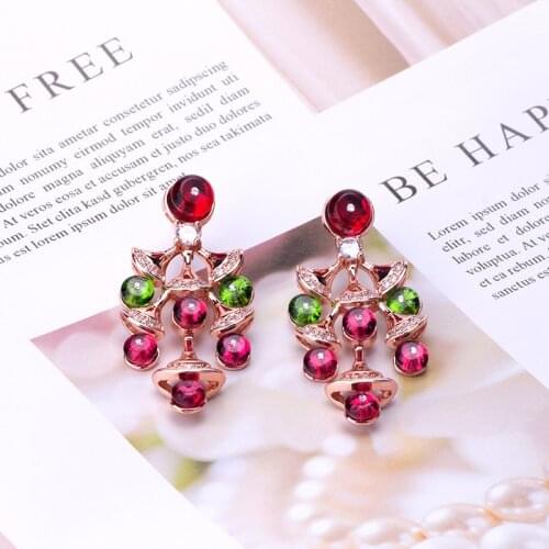 Trendy Luxury Green Rose Red Crystal Small Fan Skirt Drop Earrings For Women Wedding Fashion Jewelry Exaggerated Long Earrings