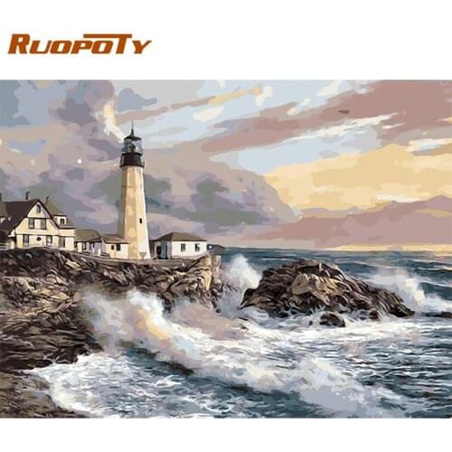 RUOPOTY Frame Lighthouse Diy Painting By Numbers Seaside Coloring By Numbers Acrylic Canvas Painting Handpainted Drawing Art