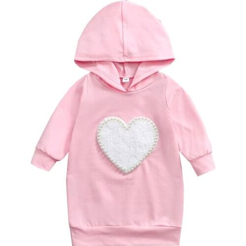 New Baby Girls Sweatshirt Dress Outwear Long Sleeve Pullover Heart Printed Pearl Hooded Straight Dress