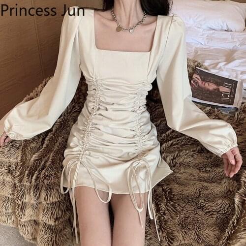 New Womens Sexy Slim Hip Dress French Square Collar Long Puff Sleeve Pleated Drawstring Mini Dress Bodycon Hot Club Black Dress