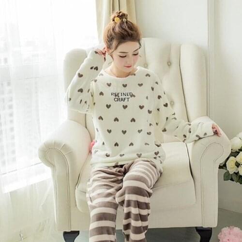 H5715 Pajamas Women Winter Thick Coral Fleece Sleepwear Cute Warm Long Sleeve Flannel Home Clothing Suit Comfortable Nightwear