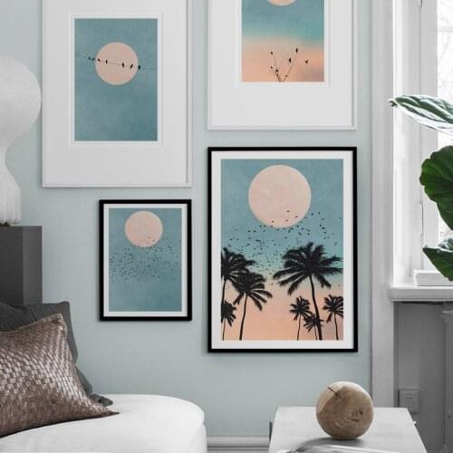 Beach Palm Trees Birds In The Moonlight Nordic Posters And Prints Wall Art Canvas Painting Decoration Pictures For Living Room