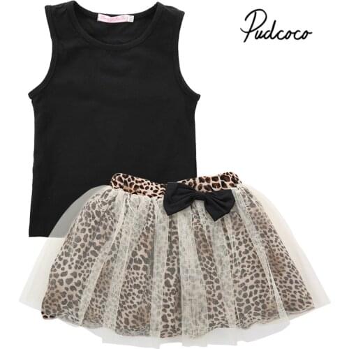 Pudcoco 2019 Toddler Kids Baby Girl Black Tank Tops+Bow Mesh Leopard Skirts Summer Sleeveless 2PCS infant girl Clothes 0-5 Years
