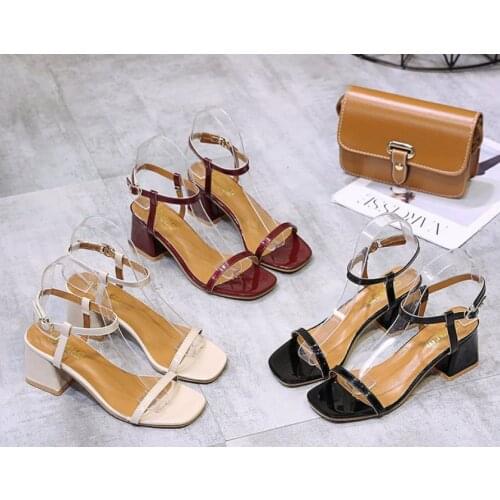 Sandals Women High Heels Simple Trendy Elegant Buckle Womens Korean Style Leisure Patent Leather All-match Female Shoes Summer