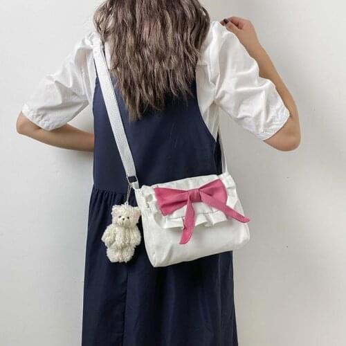 Vintage canvas bag Female bag Cute crossbody bags for girl Japanese style shoulder bag bowknot olid color popular lolita bag sac