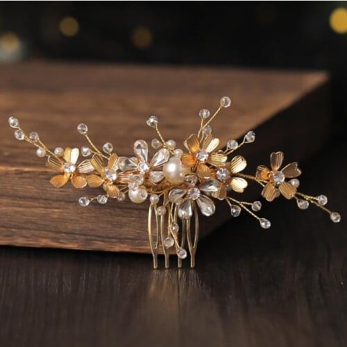 Bridal Flower Hair Comb Wedding Hair Accessories Crystal Hair Combs Gold Hairpins Jewelry Tiara Party Women Hair Combs For Bride