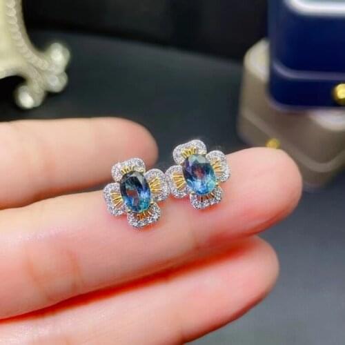 Hot Sale Silver Gemstone Stud Earrings 5mm*7mm Natural Topaz Stud Earrings 925 Silver Topaz Earrings for Party
