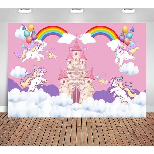 Photography Backgrounds Pink Castle Clouds Rainbow Unicorn Party Girls Birthday Backdrops for Photo Studio 7x5ft Vinyl