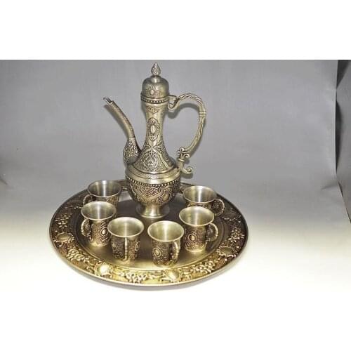 Tetera y bandeja de plata chapada en oro Antigua China-01442