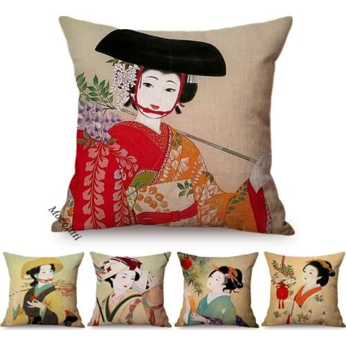 Japan Girl Woman Vintage Portrait Water Color Art Sofa Pillow Case Japanese Painting Beauty Goddess Home Decor Car Cushion Cover