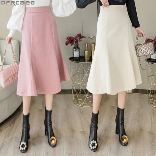 Fashion Korean Style Womens Skirts Elegant High Waist Winter Woolen Skirt Midi Solid Soft Bodycon Faldas Pink Black Beige Saias