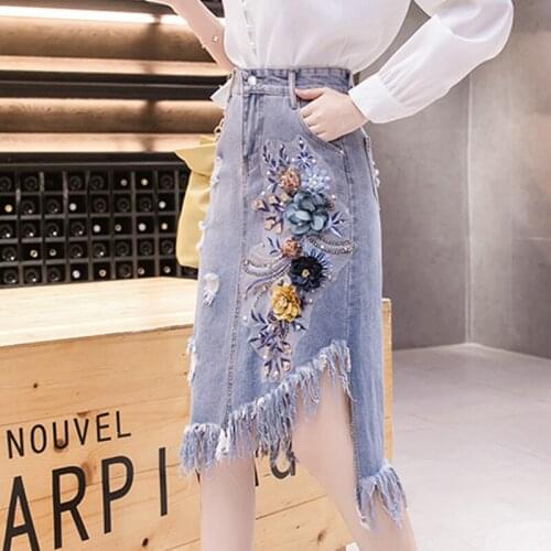 2021 Summer Streetwear Shorts Jeans Women 3D Embroidery Tassels Chain Light Blue Holes Denim Skirt