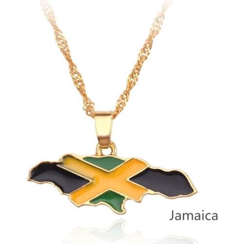 Enamel Jamaica Map and National Flag Pendant Necklaces Gold Color Jamaican Gifts Maps Jewelry For Women Men Choker Collar Mujer