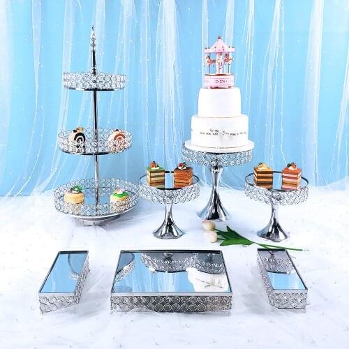 7pcs silver Crystal Metal Cake Stand Set Acrylic Mirror Cupcake Decorations Dessert Pedestal Wedding Party Display Tray