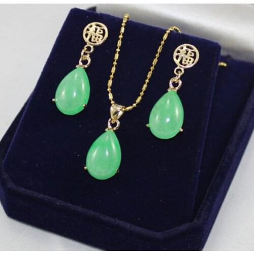 Free Shipping wholesale noble new jewelry 12*16mm green jade Natural earring & chain pendant jewelry set