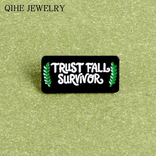Black Tag Pin Trust Fall Survivor Enamel Pin Quote and Green Leaves Badge Custom Brooches for women men Fashion Jewelry