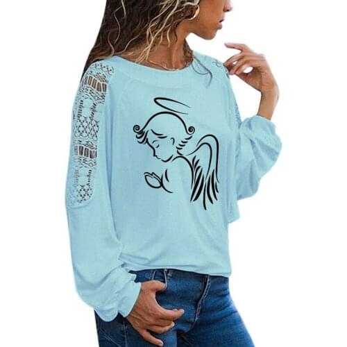 Diy Angel T Shirt Women Long Sleeve O-Neck T-shirt Woman Clothing Tops Girl Casual Loose Lace Top Tees