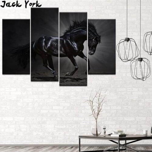 Canvas Painting Dark Black Horse Retro 4 Pieces Wall Art Painting Modular Wallpapers Poster Print Home Decor free shipping