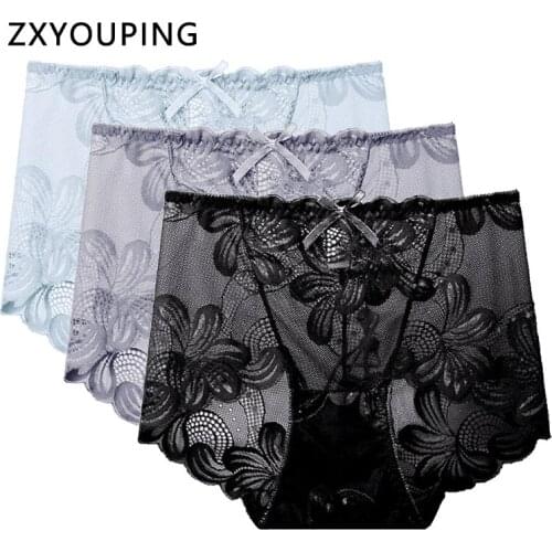 High-Rise Lace Panties Women Underwear Floral Transparent Sexy Seamless Briefs M-XL Plus Size Crotch Cotton Lingerie Ladies