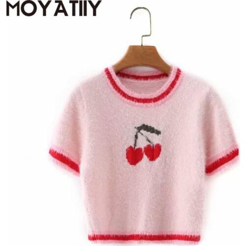 MOYATIIY Fashion Women Spring Thin Sweaters Sweet Pink Cartoon Cherries Parttern Pullovers Plush Soft Short Sleeve Short Tops