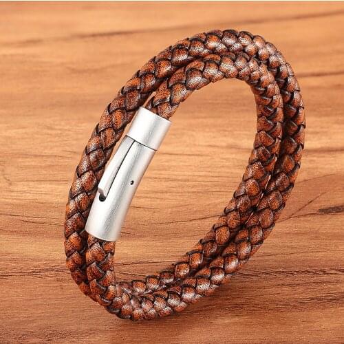 TYO Fashion Mens Wrap Bracelet Bangle Handmade Women Brown Braided Leather Bracelet with Stainless Steel Matte Brushed Clasp