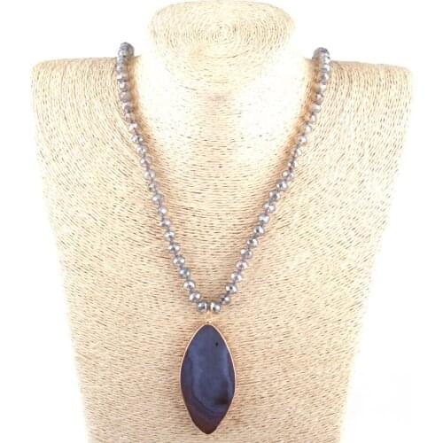 MOODPC Fashion Bohemian Tribal Jewelry 5X8 Glass Crystal knotted Halsband Natural Gray Stone Pendant Women Necklace