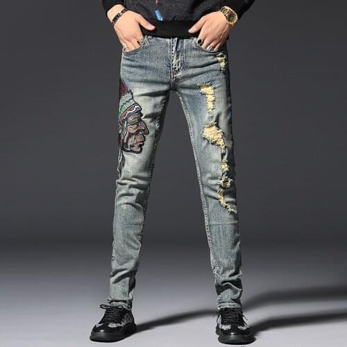 2021 Men’s Ripped Slim Jeans,Hard Washed With Embroidery&Distressed Decors Denim Pants,Cool&Stylish,Young Guys Must