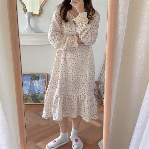 Autumn Nightgown Women Cherry Print Long Sleepwear Loose Bow Collar Long Sleeve Cotton Casual Kawaii Homewear Sweet Soft