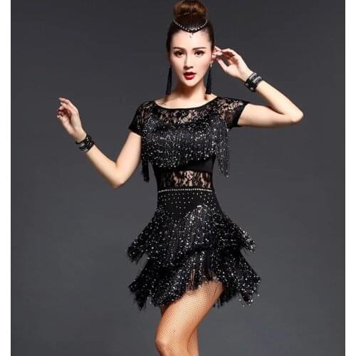 Latin Dance Dresses Women/girls Sexy Sequin Fringe Skirt Ballroom/tango/salsa/rumba/latin Dresses Clothes for Sale Women Spandex