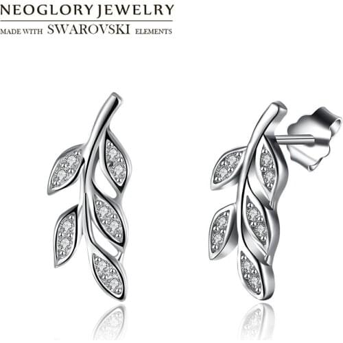 Neoglory S925 Sterling Silver & AAA Zircon Stud Earrings Leaf Stylish For Elegant Lady Bijoux Brinco Holiday Jewelry Party Gifts