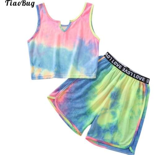 TiaoBug Kids Girls Summer Sport Clothes Set Sleeveless V Hollow Neckline Crop Vest Top With Letter Print Shorts Tie Dye Outfit