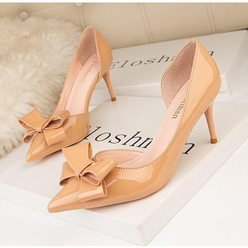 Sweet Bowtie Shallow High Heels Shoes Women Autumn Pointed Toe Green Patent Leather Pumps Sexy Hollow Ladies Dress Party Shoes