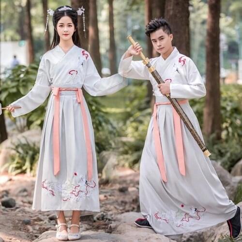 Oriental Chinese Hanfu Samurai Swordsman Costume Fancy Embroidery Ancient Men Women Festival Stage Performance Folk Dance Outfit