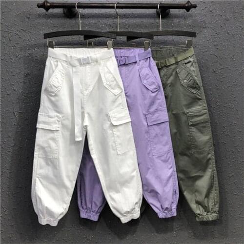 Spring High Waist Cargo Pants Women Loose Casual Harem Pants Solid Female Pockets Sashes Ankle-Lenth Trousers M-3XL 3291449