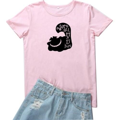 We're All Mad Here T-shirt Femme Cute Cartoons Pattern Women Tshirts Casual Round Neck T Shirts Women Y2k Aesthetic Graphic Tees