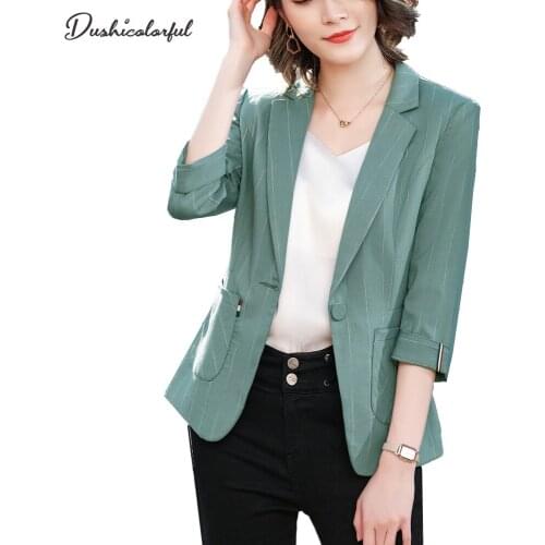 Dushicolorful Womens Blazer Spring And Summer 2021 Tops Patchwork Striped Single Button Half Sleeve Coat Casual Jacket