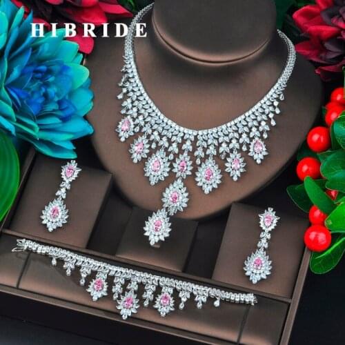 HIBRIDE Luxury Brilliant Pink Cubic Zirconia Big Jewelry Sets For Women Wedding Accessories Fashion Jewelry Gifts N-719