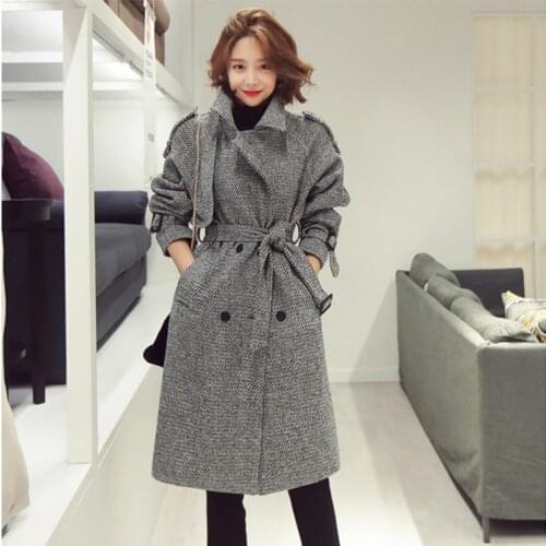 Autumn Winter High Quality Women Long Wool Coat Elegant Women Double-Breasted Lapel Collar Sashes Tweed Thick Woolen Outerwear