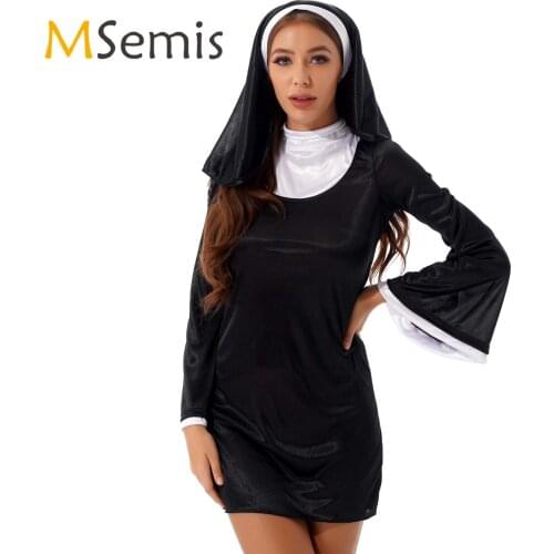 Womens Ladies Nun Cosplay Party Fancy Dress for Female Adult Lady Halloween Costumes High Neck Flare Sleeve Dress with Headscarf