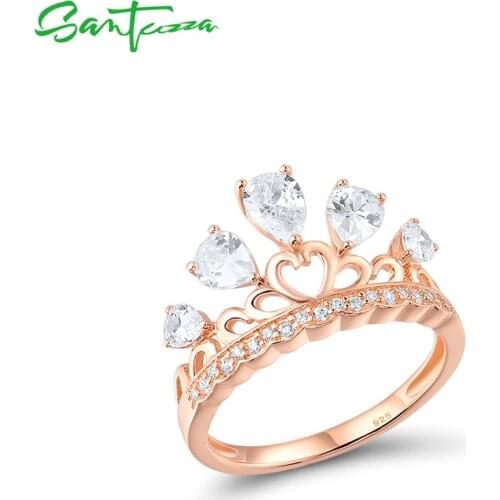 SANTUZZA Silver Ring For Women Pure 925 Sterling Silver Rose Gold Color Imperial Crown Wedding Engagement anillos Fine Jewelry