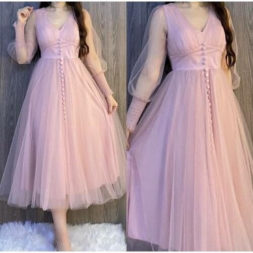 Long Sleeve Short V-Neck Pink Prom Dresses with Pockets Front Buttons Robe De Soiree Floor Length Zipper Back Formal Party Gown