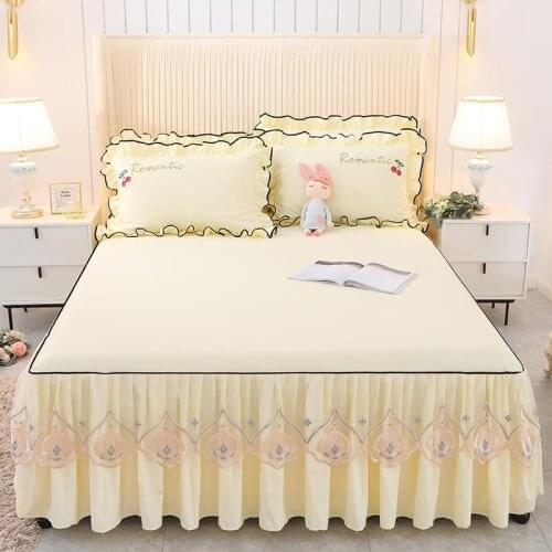 Beige Lace Embroidery Princess Bedding Bed Skirt Pillowcases King Queen Size Fitted Bed Sheet Bedspread Mattress Cover 1/3pcs