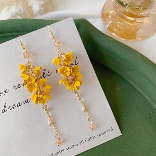 2020 Korean Dangle Drop Earrings Long Pink Yellow Women Wholesale Sweet Flower Tassel Hanging Fashion Jewelry Holiday
