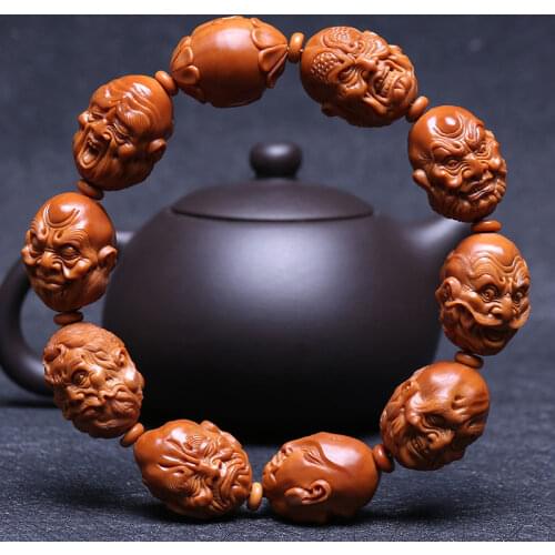 Chinese style olive core bracelet with big seeds double-sided core glyph play with olive hu carved bracelet round beads
